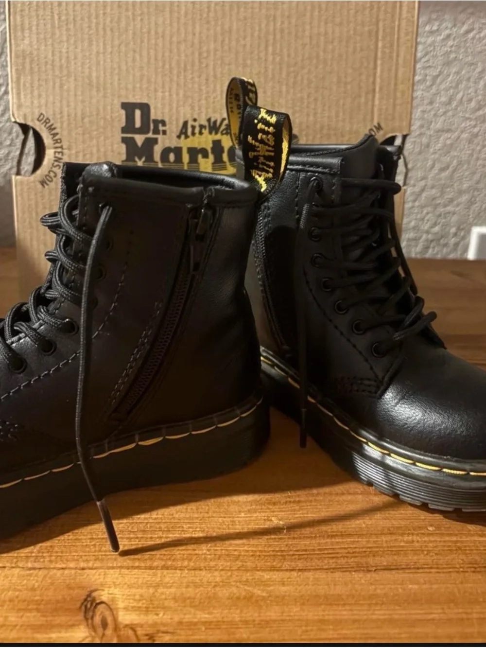 Dr. Martens Black Leather Lace-Up Ankle Boots with Yellow Stitching
